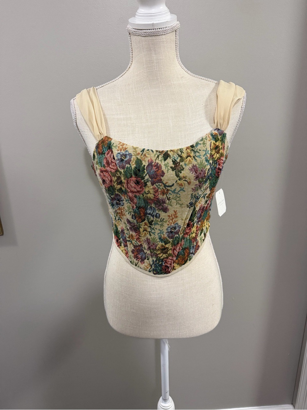 Altar'd State Floral Tapestry Corset Top Cream with Multicolor Blooms. Size XS